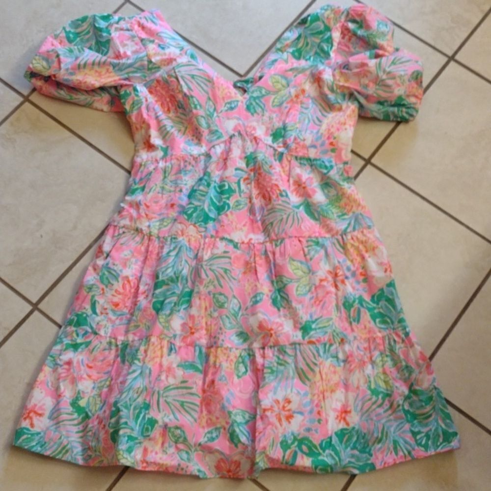 NWT Lilly Pulitzer Nalani Dress puff sleeve pink green size 16 - Picture 2 of 14